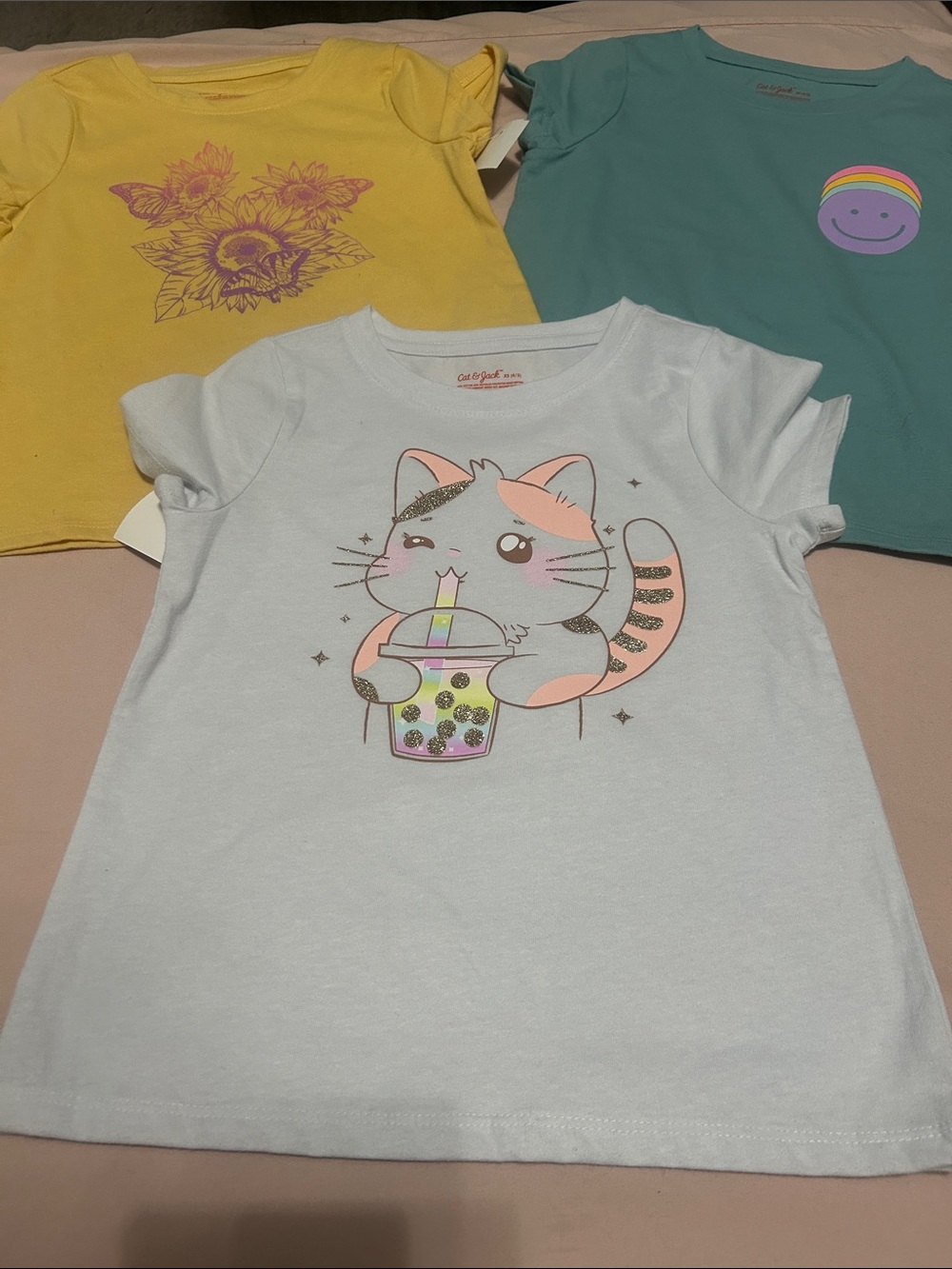 Cat & Jack Light Blue Short Sleeve Tee with Kitten Bubble Tea Graphic